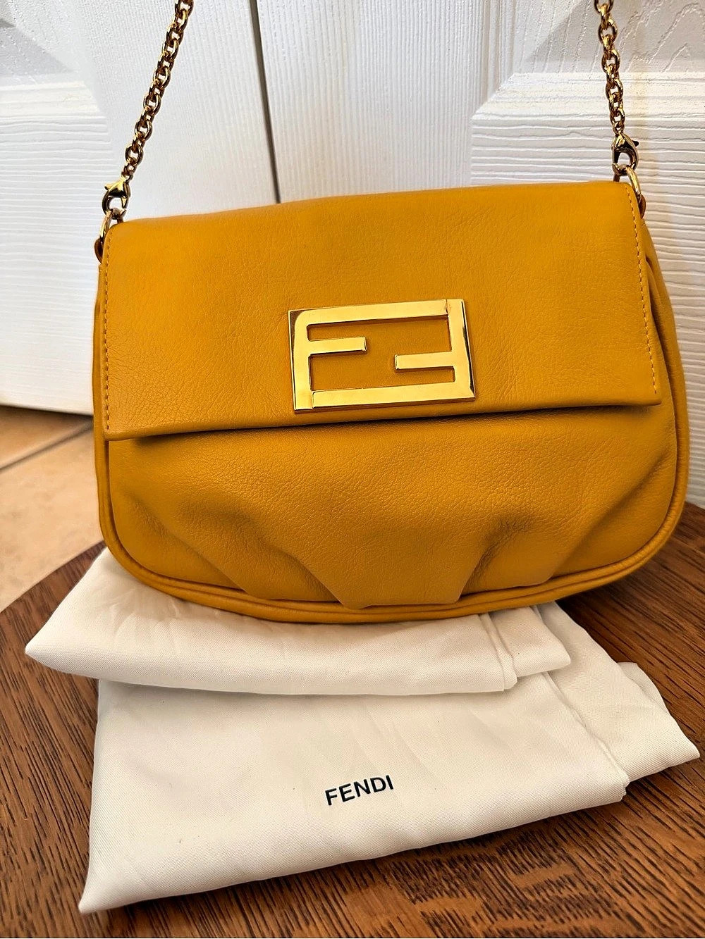 Fendi Leather Fendista Pochette Chain Crossbody Bag in Mustard Yellow